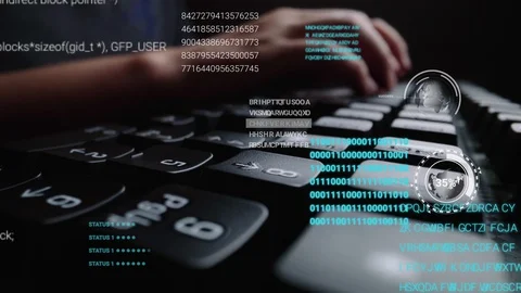 Man working on laptop computer keyboard with graphic user interface GUI hologram Stock Footage 129093957