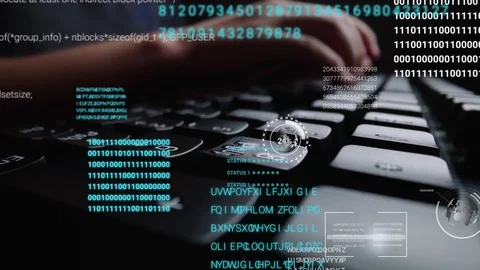 Man working on laptop computer keyboard with graphic user interface GUI hologram Vidéo 129093988