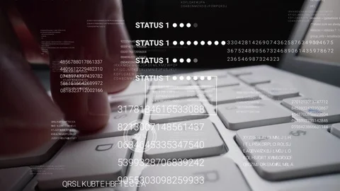 Man working on laptop computer keyboard with graphic user interface GUI hologram Stock Footage 129094012