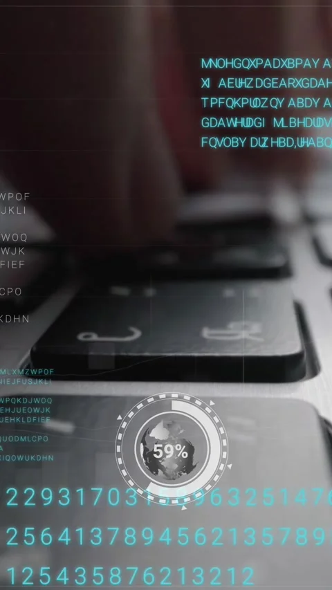 Man working on laptop computer keyboard with graphic user interface GUI hologram Vidéo 287116420