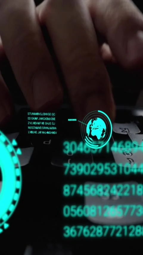 Man working on laptop computer keyboard with graphic user interface GUI hologram Vidéo 288866004