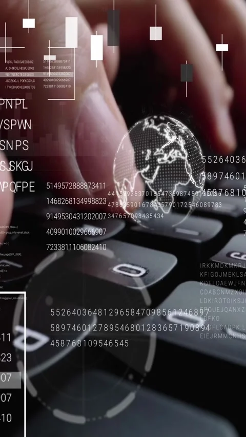 Man working on laptop computer keyboard with graphic user interface GUI hologram Stock Footage 291687842