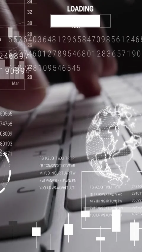 Man working on laptop computer keyboard with graphic user interface GUI hologram Stock Footage 293532062