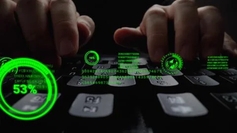 Man working on laptop computer keyboard with graphic user interface GUI hologram 스톡 사진