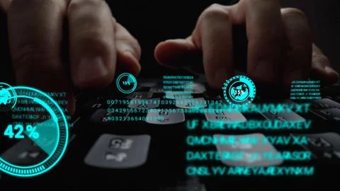 Man working on laptop computer keyboard with graphic user interface GUI hologram 스톡 사진
