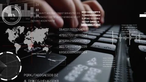 Man working on laptop computer keyboard with graphic user interface GUI hologram Stock Photos