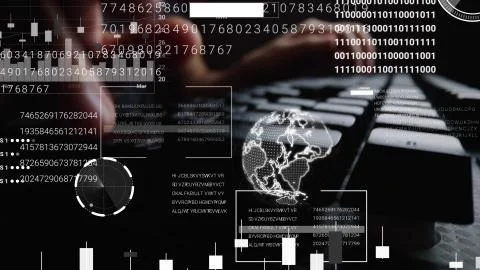 Man working on laptop computer keyboard with graphic user interface GUI hologram Stock Photos