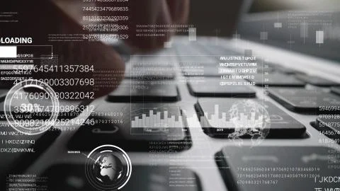 Man working on laptop computer keyboard with graphic user interface GUI hologram Stock Photos