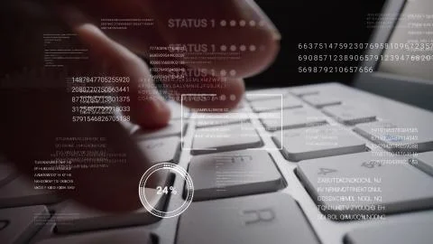Man working on laptop computer keyboard with graphic user interface GUI hologram 스톡 사진