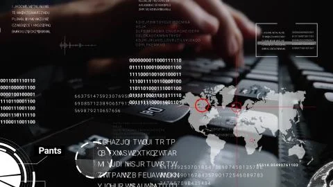 Man working on laptop computer keyboard with graphic user interface GUI hologram Stock Photos