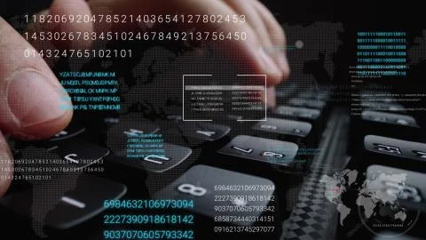 Man working on laptop computer keyboard with graphic user interface GUI hologram 스톡 사진