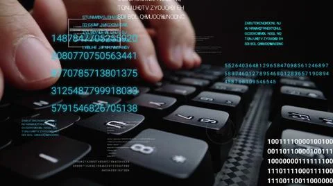 Man working on laptop computer keyboard with graphic user interface GUI hologram Stock Photos