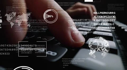 Man working on laptop computer keyboard with graphic user interface GUI hologram 스톡 사진