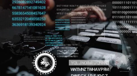 Man working on laptop computer keyboard with graphic user interface GUI hologram Stock Photos