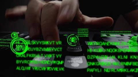 Man working on laptop computer keyboard with graphic user interface GUI hologram Stock Photos