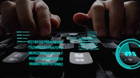 Man working on laptop computer keyboard with graphic user interface GUI hologram Stock Photos