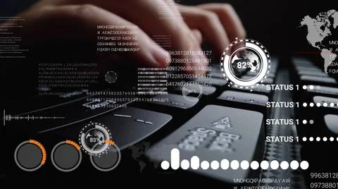 Man working on laptop computer keyboard with graphic user interface GUI hologram Stock Photos