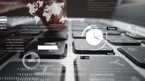 Man working on laptop computer keyboard with graphic user interface GUI hologram Stock Photos