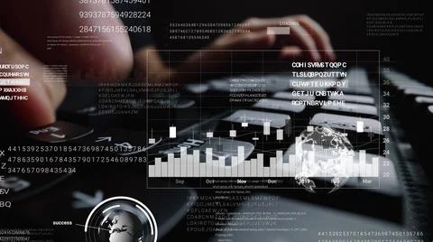 Man working on laptop computer keyboard with graphic user interface GUI hologram 스톡 사진