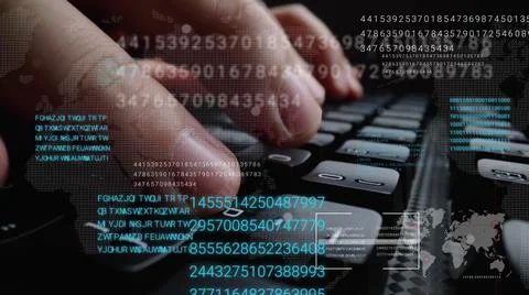 Man working on laptop computer keyboard with graphic user interface GUI hologram Stock Photos
