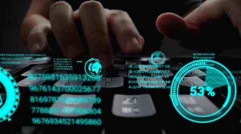 Man working on laptop computer keyboard with graphic user interface GUI hologram 스톡 사진