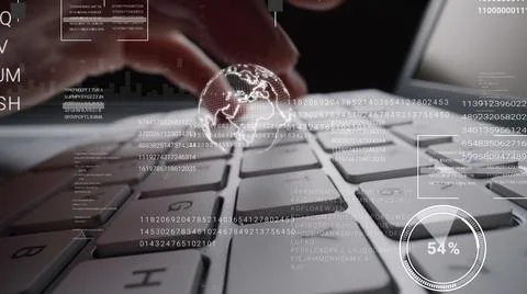 Man working on laptop computer keyboard with graphic user interface GUI hologram Stock Photos