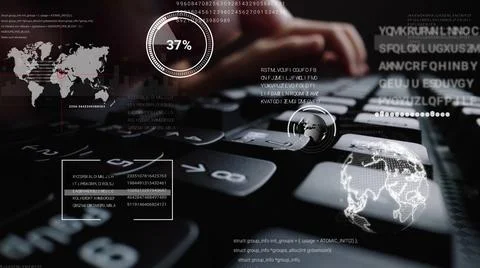 Man working on laptop computer keyboard with graphic user interface GUI hologram Stock Photos