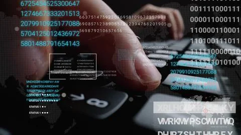 Man working on laptop computer keyboard with graphic user interface GUI hologram Stock Photos