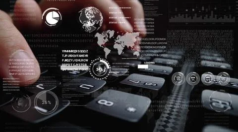 Man working on laptop computer keyboard with graphic user interface GUI hologram 스톡 사진
