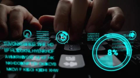 Man working on laptop computer keyboard with graphic user interface GUI hologram Stock Photos