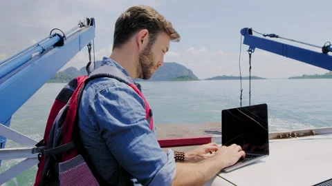 Man working on laptop computer, online business success, blogging or remote on c Vídeo Stock 201094972