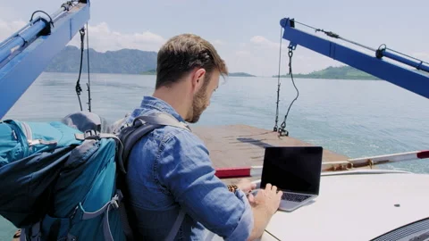 Man working on laptop computer, online business success, blogging or remote on c Video stock 201096148