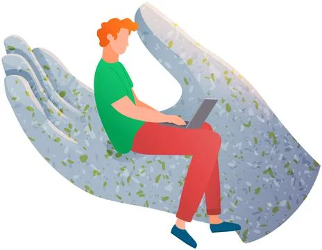 Man working with laptop computer sitting on human hand. Software developer Stock Illustration
