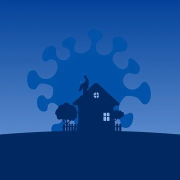 Man working with laptop computer on the top roof of his house in blue shade Stock Illustration