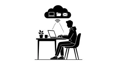 Man working on laptop connected to cloud computing network Stock Illustration