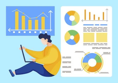 Man Working on Laptop, Data Graphics and Charts Illustrazione stock