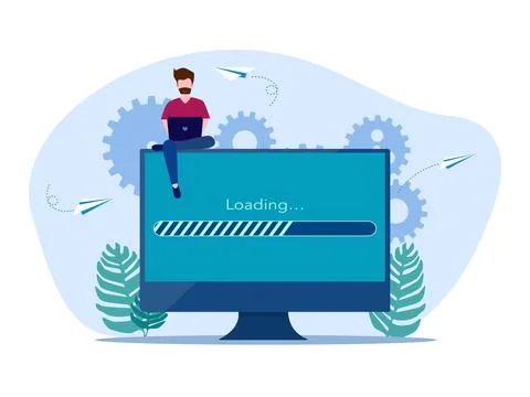 Man working with laptop with data loading bar. Online data loading. access to Stock Illustration