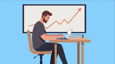 Man Working on Laptop at Desk | Flat Design Freelancer Animation Stock Footage 318730536