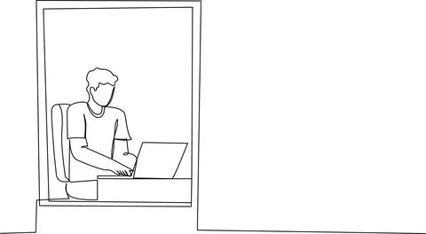 Man working on laptop at desk Vector Illustrazione stock