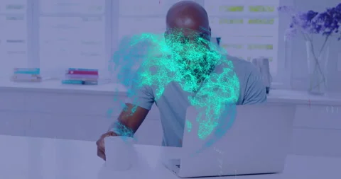 Man working on laptop with digital network animation overlaying screen Stock Footage 304161134