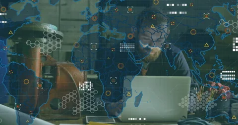 Man working on laptop with digital world map and data overlay animation Stock Footage 303415054