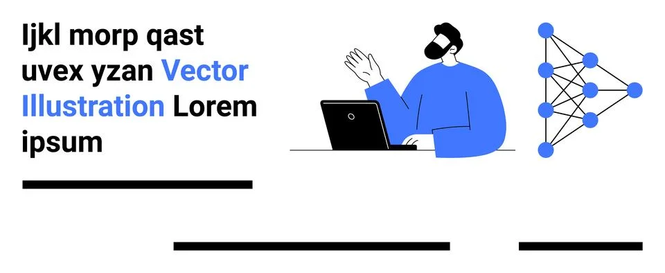 Man Working on Laptop with Geometric Network Graphic and Random Text Elements Illustrazione stock
