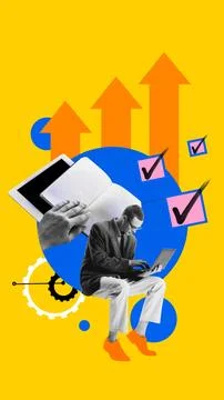Man working on laptop, holding notebook, surrounded by arrows, checkmarks Stock Photos