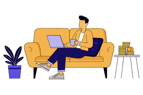 Man Working on Laptop at Home Illustration