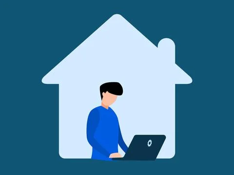 Man working on laptop at home. Learning about work online freely. vector Illustrazione stock