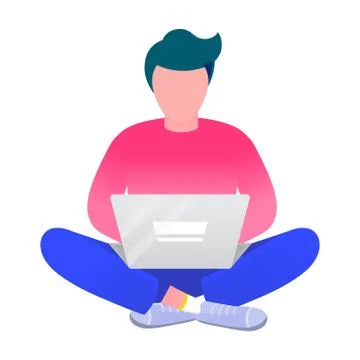 Man Working on Laptop Isolated Guy Sitting Floor Illustrazione stock