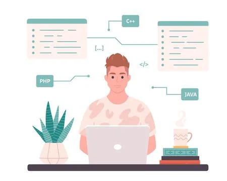 Man working on laptop. IT developer. Programming code. Freelance 스톡 일러스트