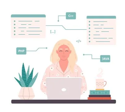 Man working on laptop. IT developer. Programming code. Freelance Stock Illustration