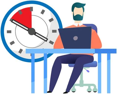 Man working on laptop next to huge clock. Businessman with computer works to Ilustración de archivo