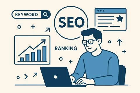 Man working on laptop optimizing website for search engine ranking and seo Stock Illustration